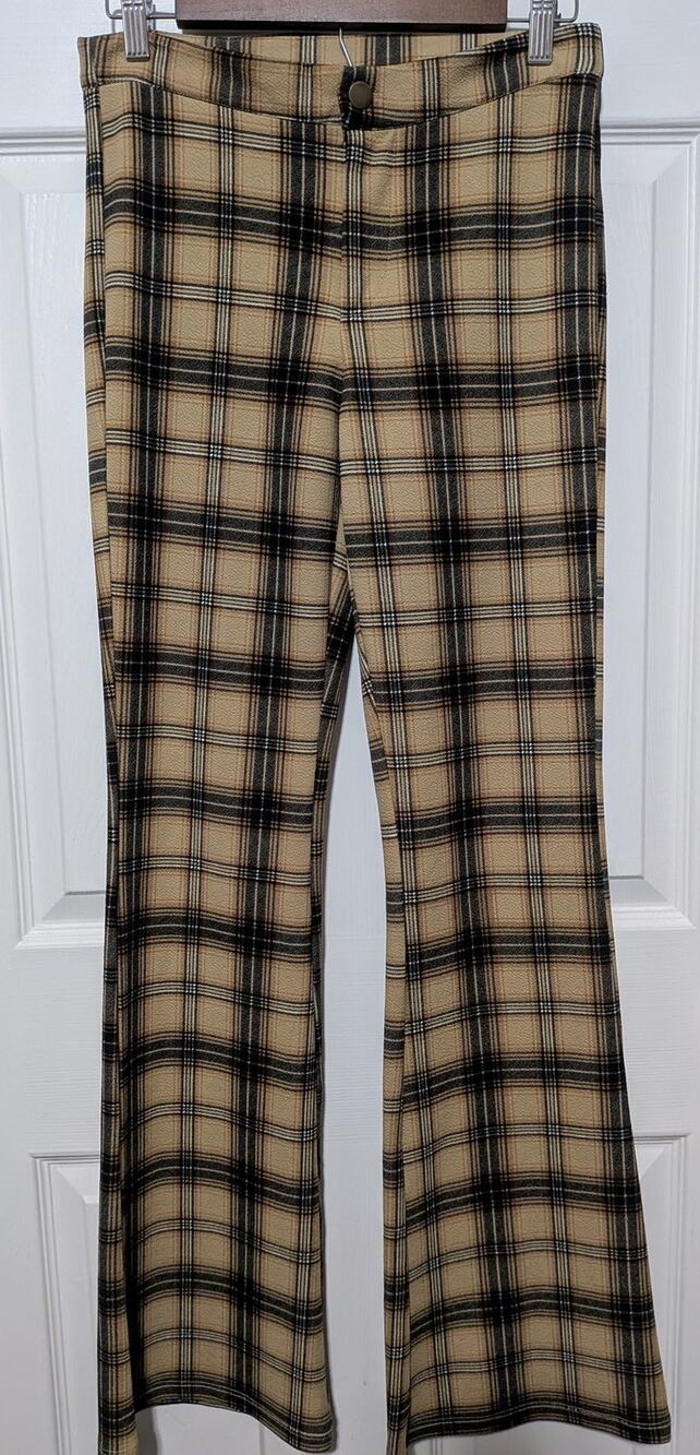 Forever 21 Tan Black Plaid Flare Pants Women's Size Medium Grunge Boho